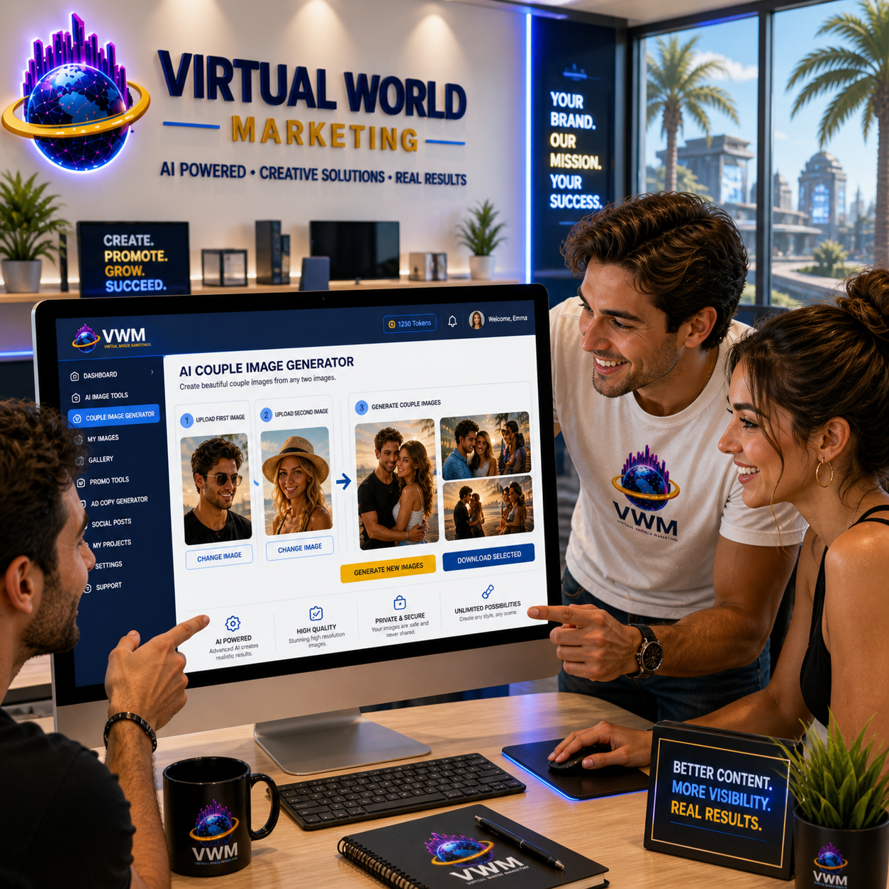 Virtual World Marketing AI dashboard and promotion tools